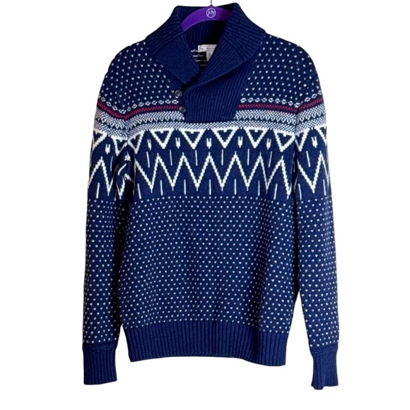 Gap Men’s Lambswool Sweater Shawl Neck Pullover Fair Isle Apres Ski Navy Blue  S - Picture 1 of 6
